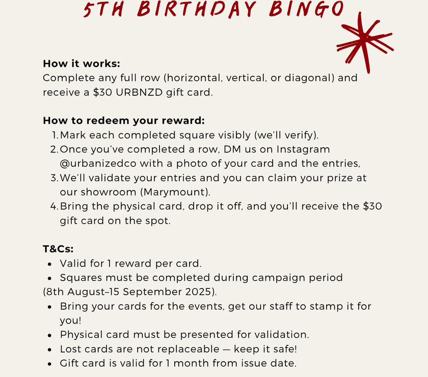 Urbnzd 5th Bday - Bingo Card