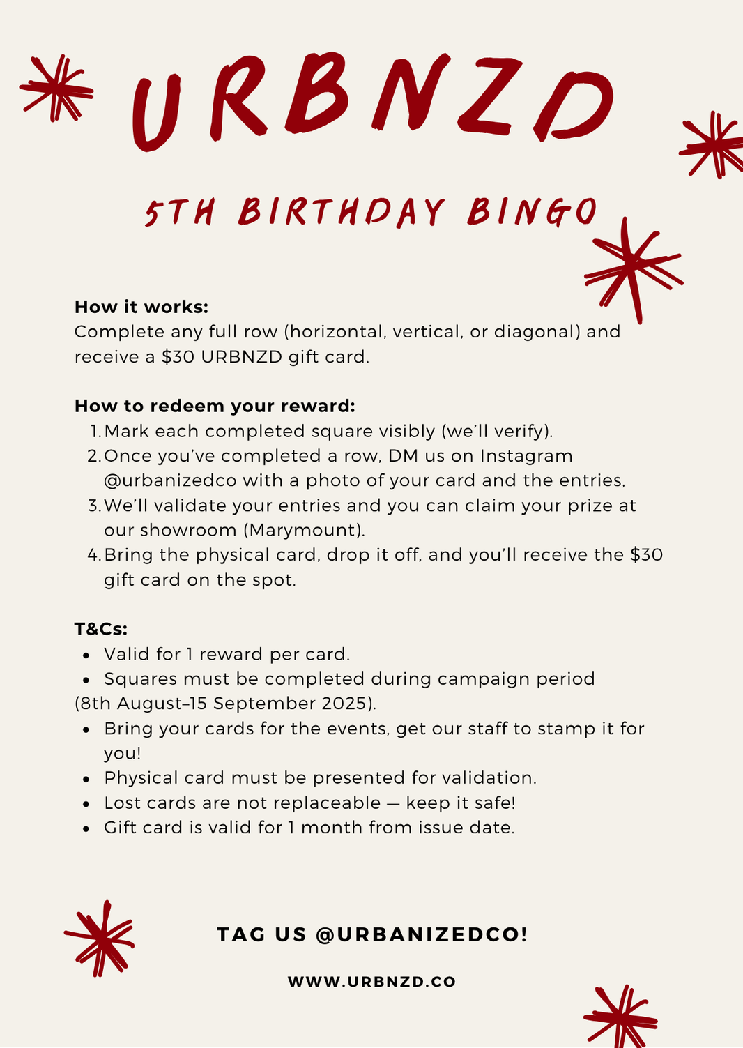 Urbnzd 5th Bday - Bingo Card