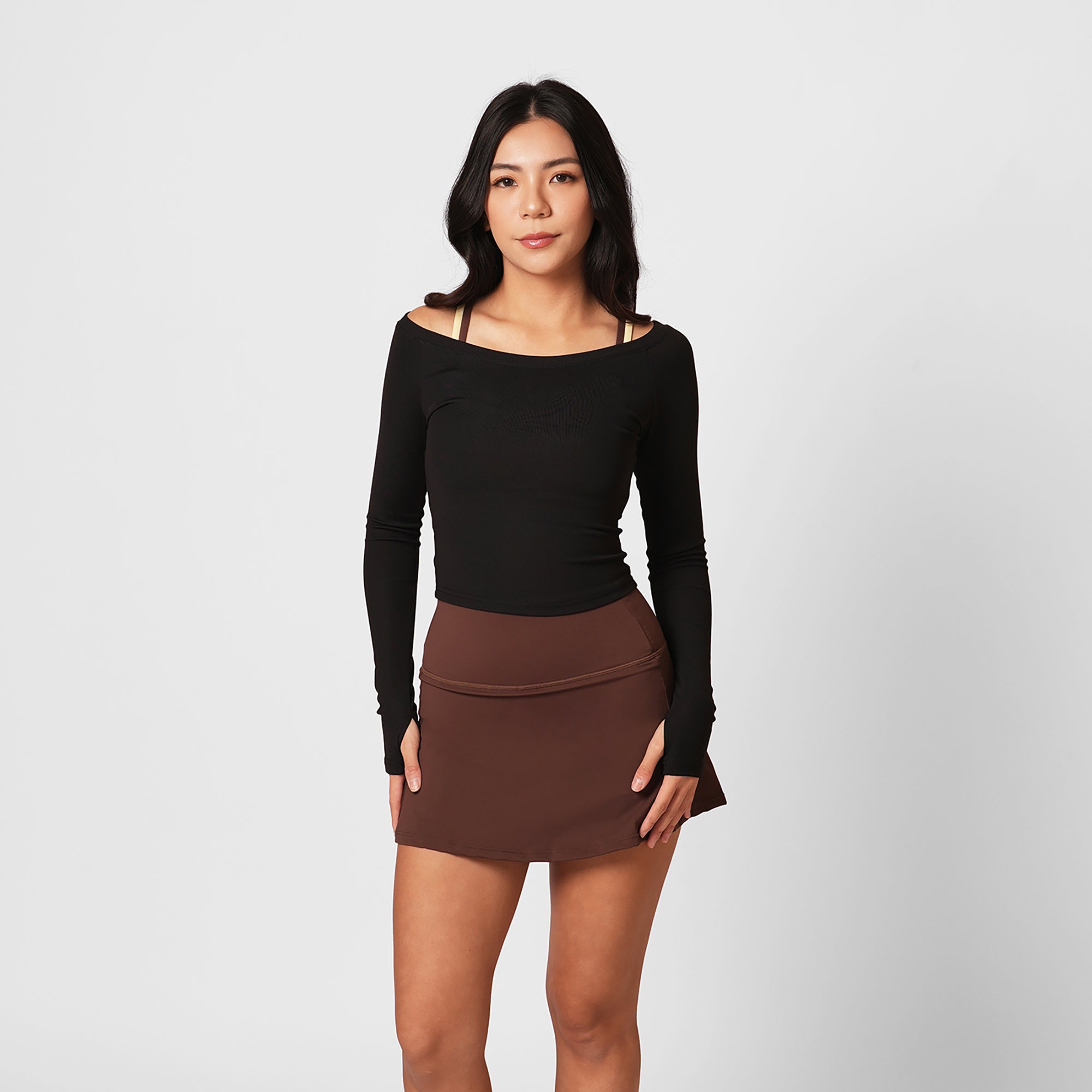 Contour Off Shoulder Long Sleeve Top - Black
