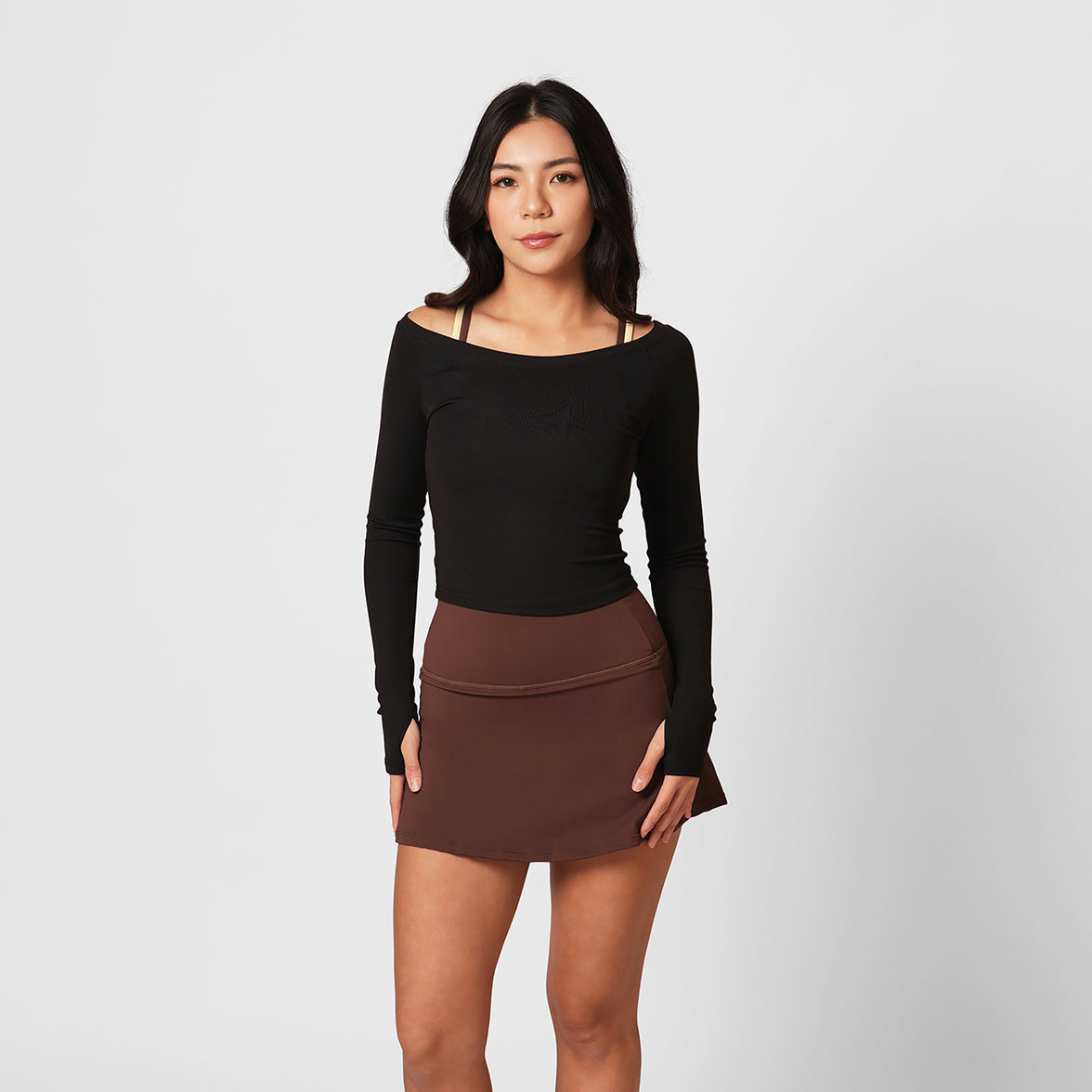 Contour Off Shoulder Long Sleeve Top - Black