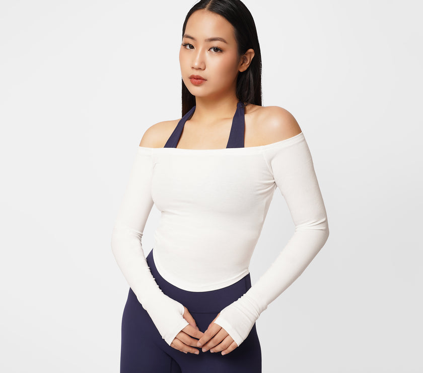 Contour Off Shoulder Long Sleeve Top - White